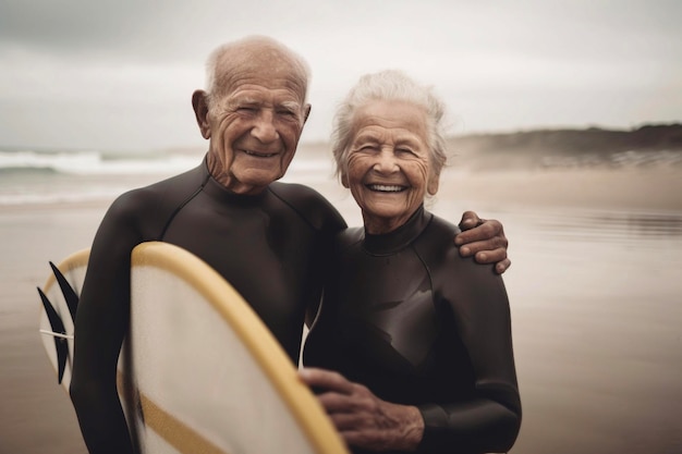 Coppia felice di anziani in spiaggia che cercano di fare surf e divertirsi insieme IA generativa