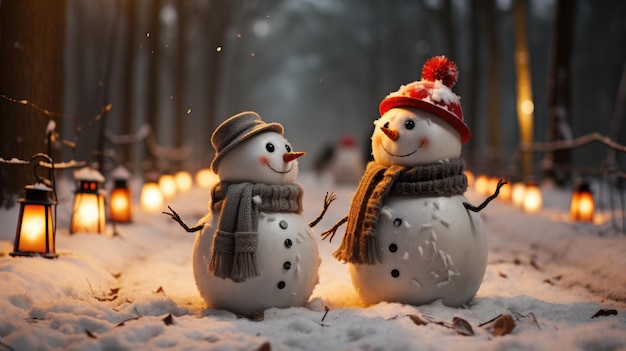 Coppia felice pupazzo di neve in piedi nel paesaggio invernale di Natale