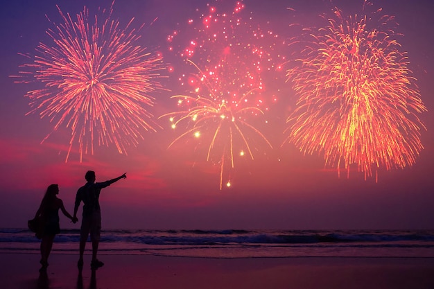 Coppia felice sulla spiaggia godendosi il concetto di tramonto dell'indipendenza dell'America e il giorno di San Valentino