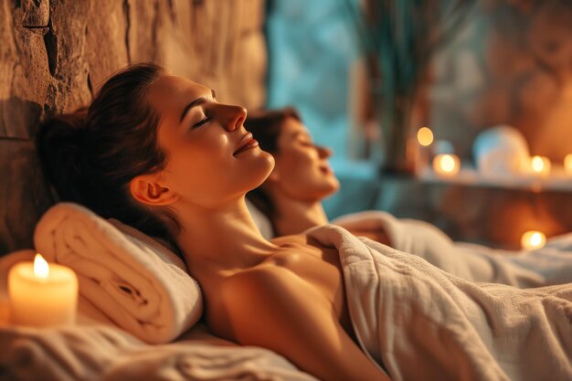 Coppia femminile che gode del relax in un ambiente termale con lume di candela ambientale