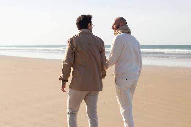 Coppia gay che cammina insieme sulla spiaggia