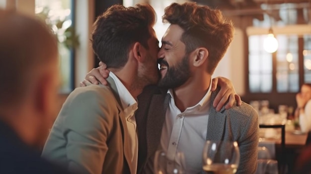 Coppia gay che si rilassa durante la celebrazione LGBT Due giovani uomini che si baciano e si abbracciano The Generative AI