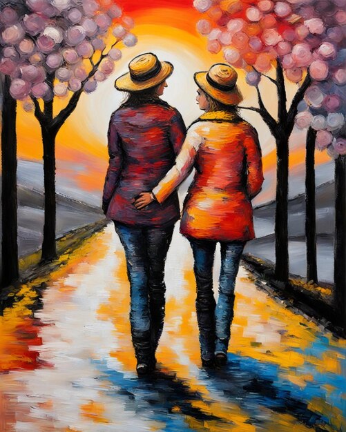 coppia gay elegante innamorata che cammina a mano tempo del tramonto pittura digitale impasto pennellate