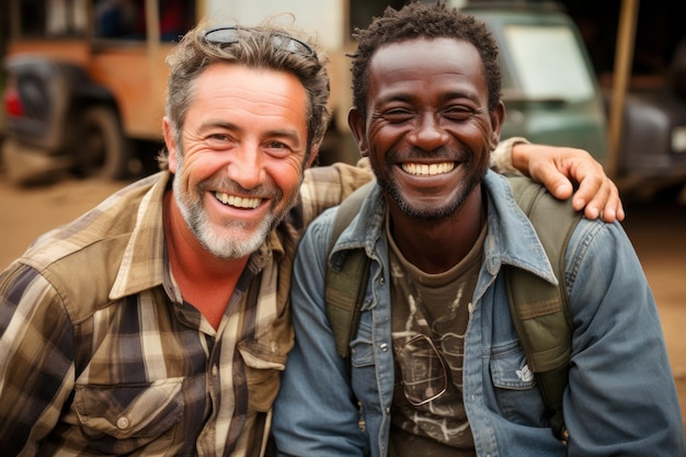 Coppia gay felice che cammina per strada generata dall'AI