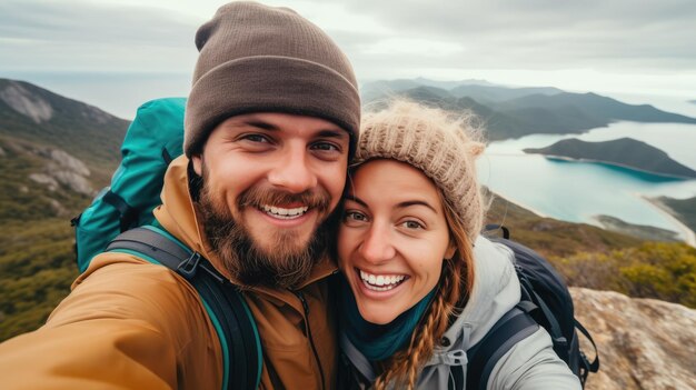 Coppia giovane escursionista che scatta un ritratto selfie sulla cima della montagna Ragazzo felice che sorride alla macchina fotografica Stile di vita sportivo turistico e concetto di influencer dei social media