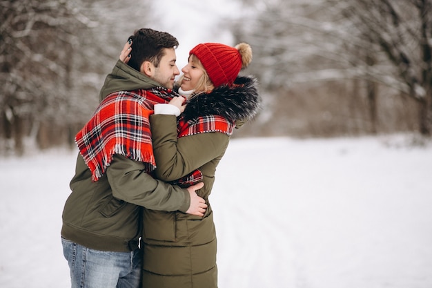 Coppia in amore in un parco d&#39;inverno