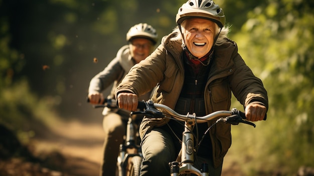 coppia in bicicletta nella foresta