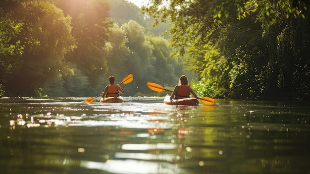 coppia in kayak lungo un fiume tranquillo che si immerge nella bellezza serena di un paesaggio estivo