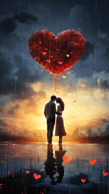 coppia in piedi pioggia palloncino a forma di cuore miglior poster vendita cuori sogni poesia brace che vola