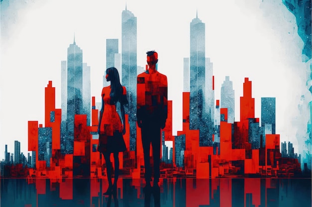Coppia in rosso in piedi in azzurro paesaggio urbano Concetto di fantasia Illustrazione pittura IA generativa
