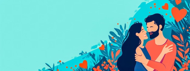 Coppia in un abbraccio amorevole circondata da piante e forme di cuore su uno sfondo blu sereno
