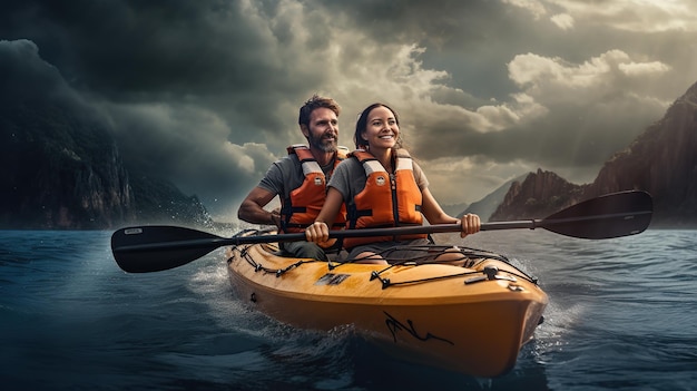 Coppia in viaggio in kayak immagine di coppia d'amore così felice in viaggio copia spazio per il testo