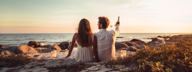 coppia innamorata che beve vino sulla riva del mare