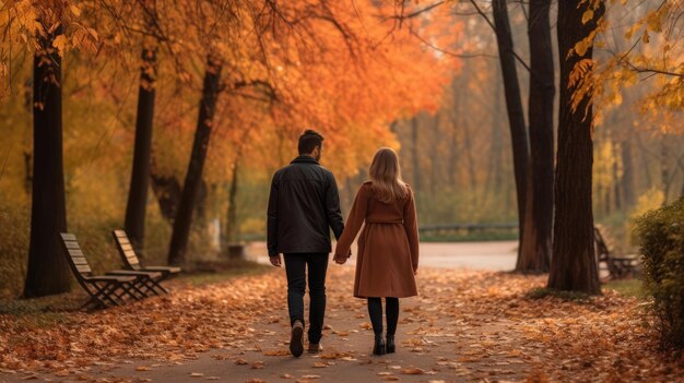 Coppia innamorata che si tiene per mano durante una passeggiata nel parco in autunno