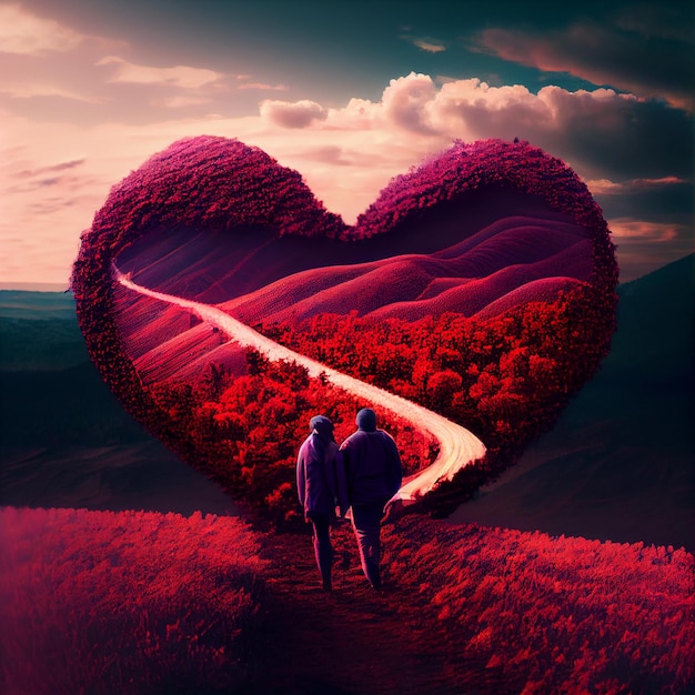 Coppia innamorata in un paesaggio di cuore San Valentino carta 3d rendering illustrazione