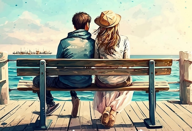 Coppia innamorata seduta sul molo vicino al mare.