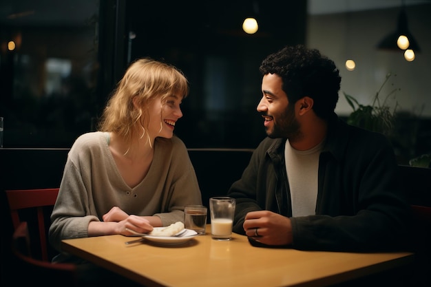 coppia interrazziale romantica in appuntamento in un caffè ragazza caucasica e uomo afroamericano