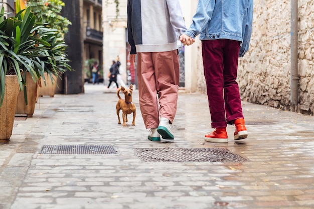 Coppia irriconoscibile che cammina con un cagnolino