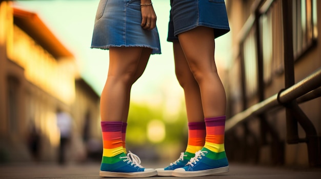 Coppia lesbica con calzini colorati su un arcobaleno di strada