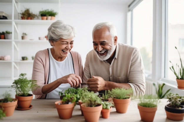 Coppia matura di anziani sposati di diverse razze che piantano erbe nel soggiorno.