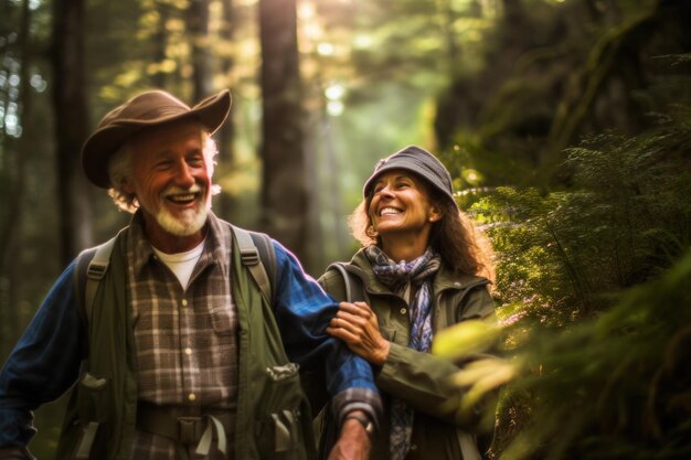 Coppia matura in escursione attraverso la foresta generativa ai