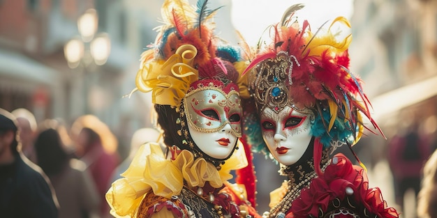 Coppia misteriosa in costumi e maschere di carnevale veneziano due donne