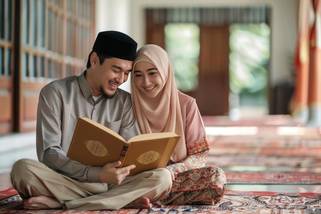 coppia musulmana asiatica che tiene il Corano sul tappetino di preghiera alla moschea