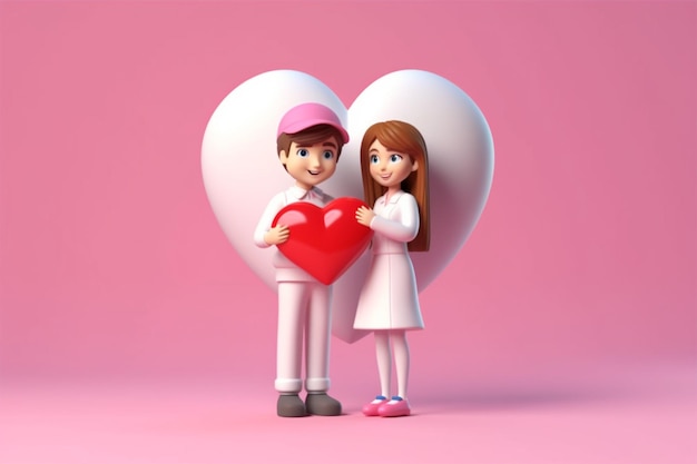 coppia ragazza bianca con cuore rosa cartone animato 3d