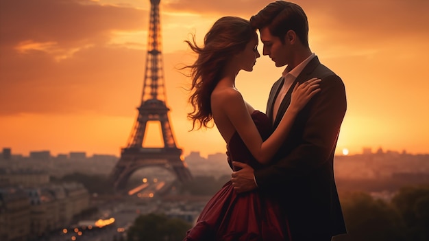 Coppia romantica a Parigi al tramonto con la Torre Eiffel sullo sfondo