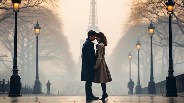 Coppia romantica a Parigi che si bacia nella mattinata nebbiosa la Torre Eiffel sullo sfondo