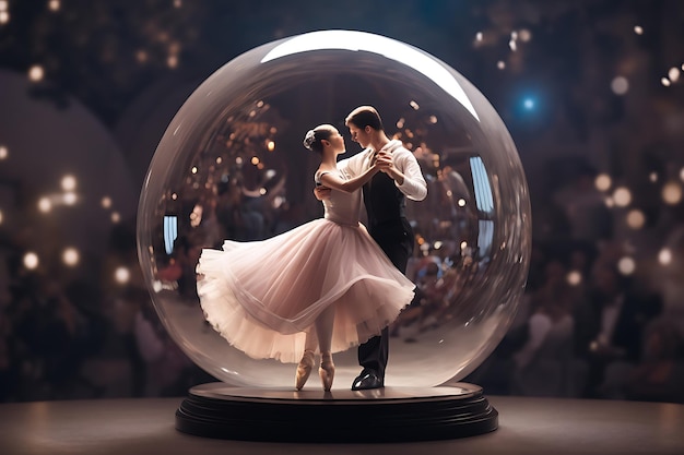 Coppia romantica ballerina di danza classica che balla con grazia all'interno di una palla di vetro rotonda