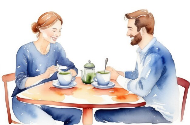 Coppia romantica caucasica che beve il tradizionale tè matcha giapponese al tavolo illustrazione ad acquerello