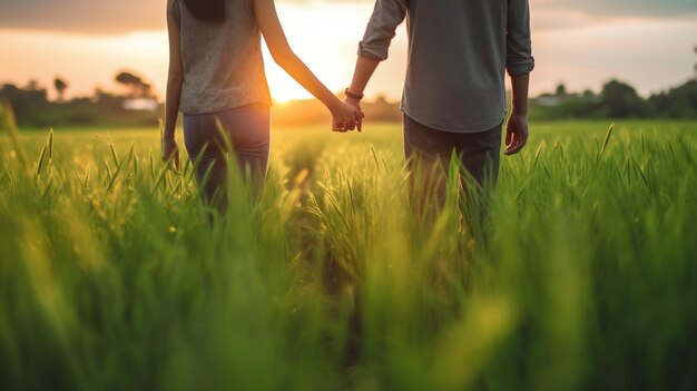 Coppia romantica che si abbraccia in un lussureggiante campo verde al tramonto Accattivante Focus Generativo Ai