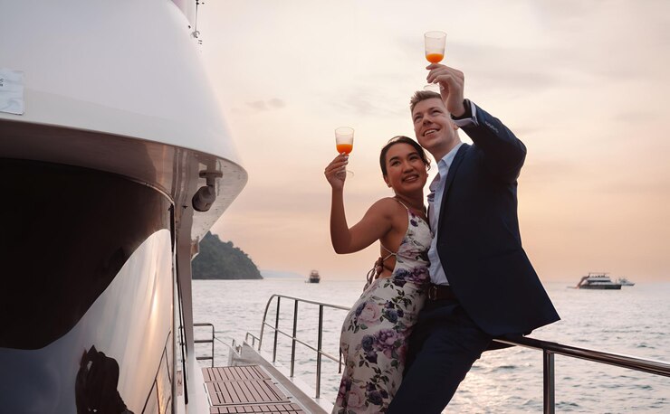 Coppia romantica che si abbraccia insieme Uomo e donna che si godono la luna di miele su uno yacht di lusso Divertimento insieme al tramonto weekend attività concetto di stile di vita