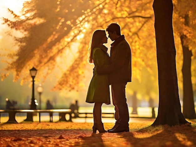 Coppia romantica che si abbraccia nel parco di Parigi Storia d'amore al tramonto autunnale