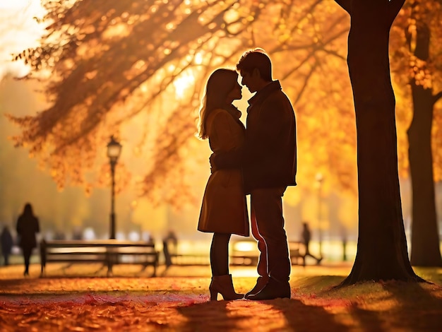 Coppia romantica che si abbraccia nel parco di Parigi Storia d'amore al tramonto autunnale