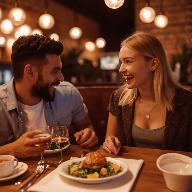 coppia romantica che si diverte in un ristorante con cuffie di realtà virtuale