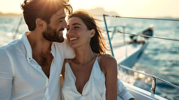 coppia romantica che si gode il tramonto su una barca a vela sorridente uomo e donna in abbigliamento casuale tempo libero stile di vita e amore concetto nave a vela crociera avventura fondo mare sereno AI