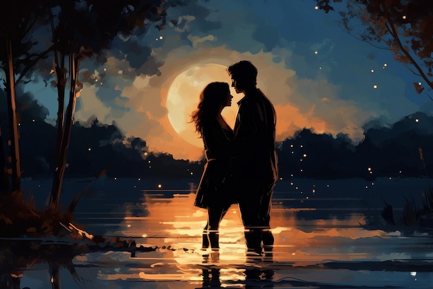 coppia romantica di notte sotto la luce della luna sul mare