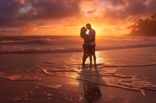 Coppia romantica silhouette sulla spiaggia all'alba IA generativa