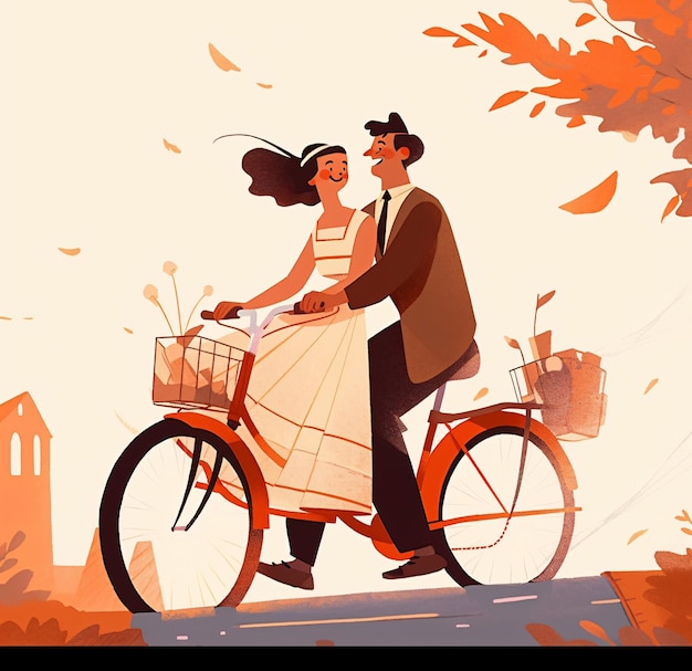 Coppia romantica su una bicicletta amore illustrazione vettoriale carta di nozze Sposi novelli