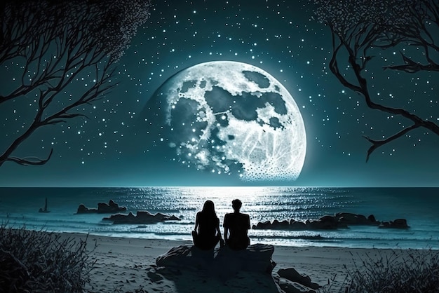 Coppia seduta insieme godendosi la romantica vista del chiaro di luna su una bellissima spiaggia