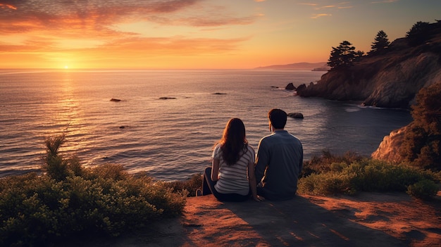 Coppia seduta sulla costa della California al tramonto