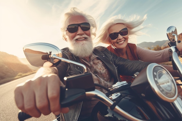 Coppia selfie in moto Viaggio divertente Genera Ai
