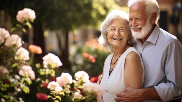 Coppia senior carina in giardino fiorito Piano di assicurazione sulla vita del concetto di pensionamento felice