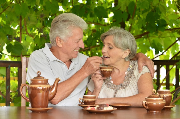 Coppia senior che beve il tè nel giardino estivo