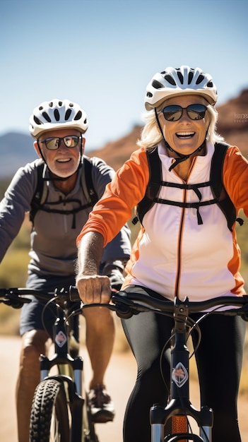 Coppia senior in bicicletta insieme su un percorso panoramico