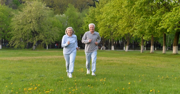 Coppia senior in forma felice che si esercita nel parco