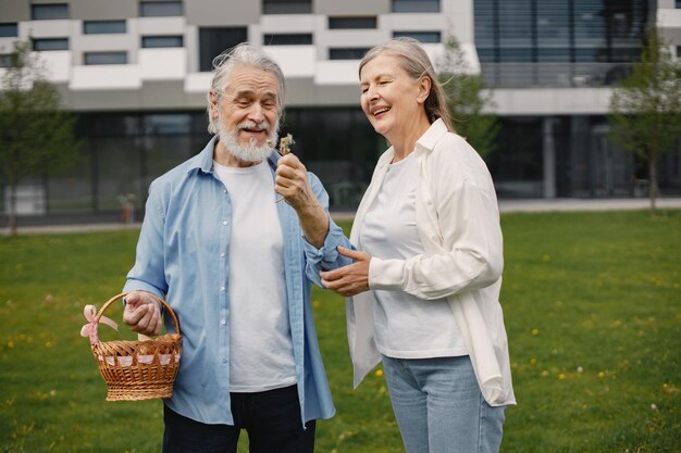 Coppia senior in piedi su un prato in estate con cesto di paglia e soffiare il dente di leone