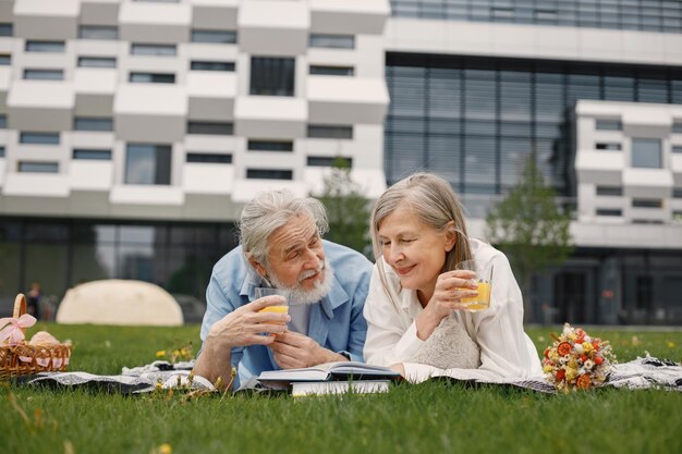 Coppia senior posa su una coperta durante un picnic in estate e leggendo un libro